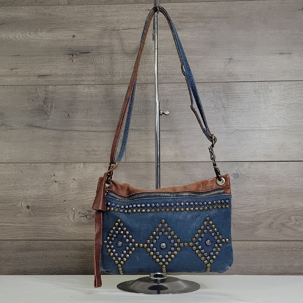 Lucky Brand Coated Canvas and Brown Leather Studded Shoulder Bag